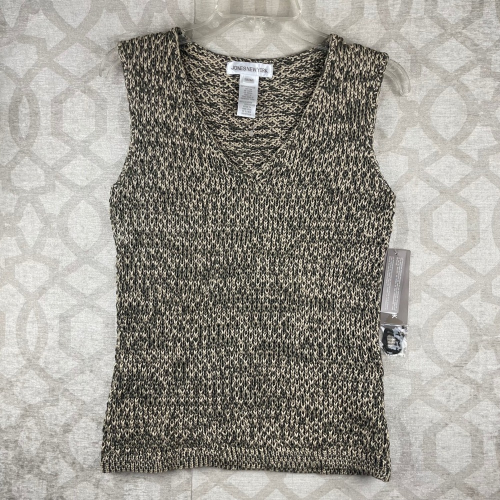 Jones New York Sweater Vest Women Medium Olive Green Marled Cotton Vtg V-Neck